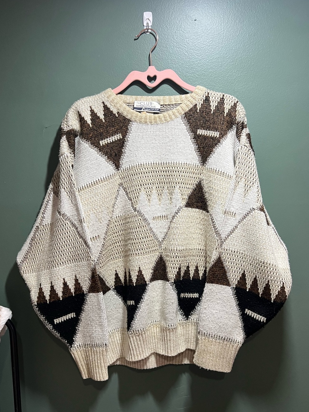 Vintage Geometric Knit Sweater - Cream & Brown